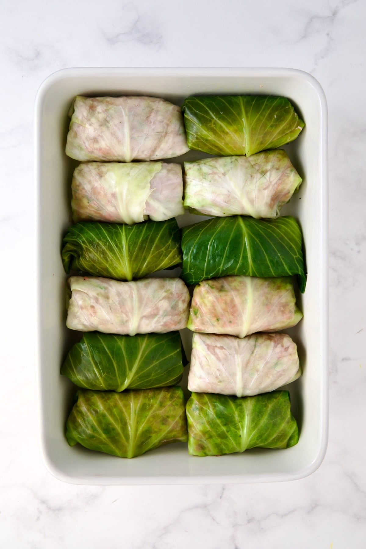 12 uncooked cabbage rolls in white rectangular baking dish,