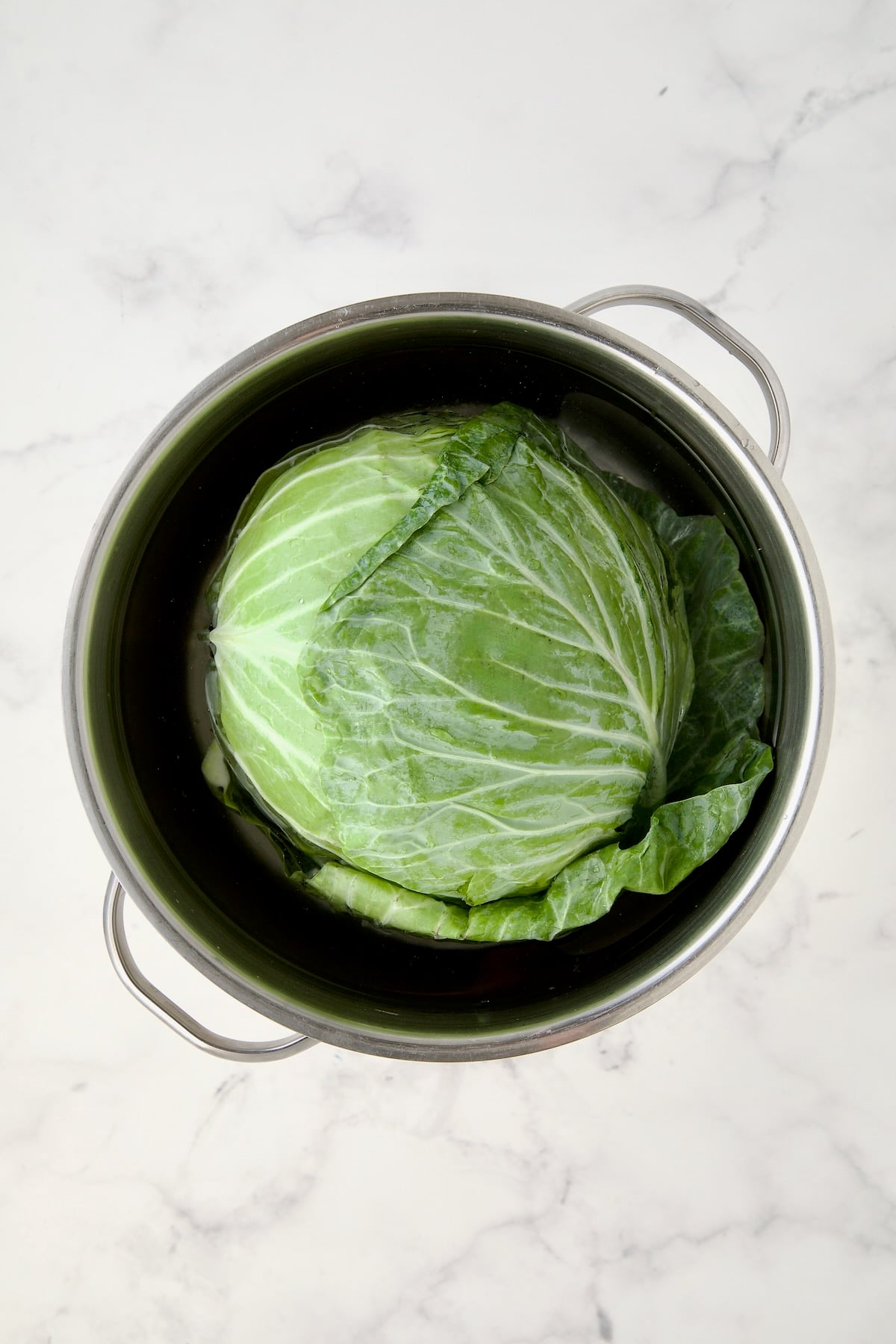 Head of cabbage immersed in water in stainless steel pot.