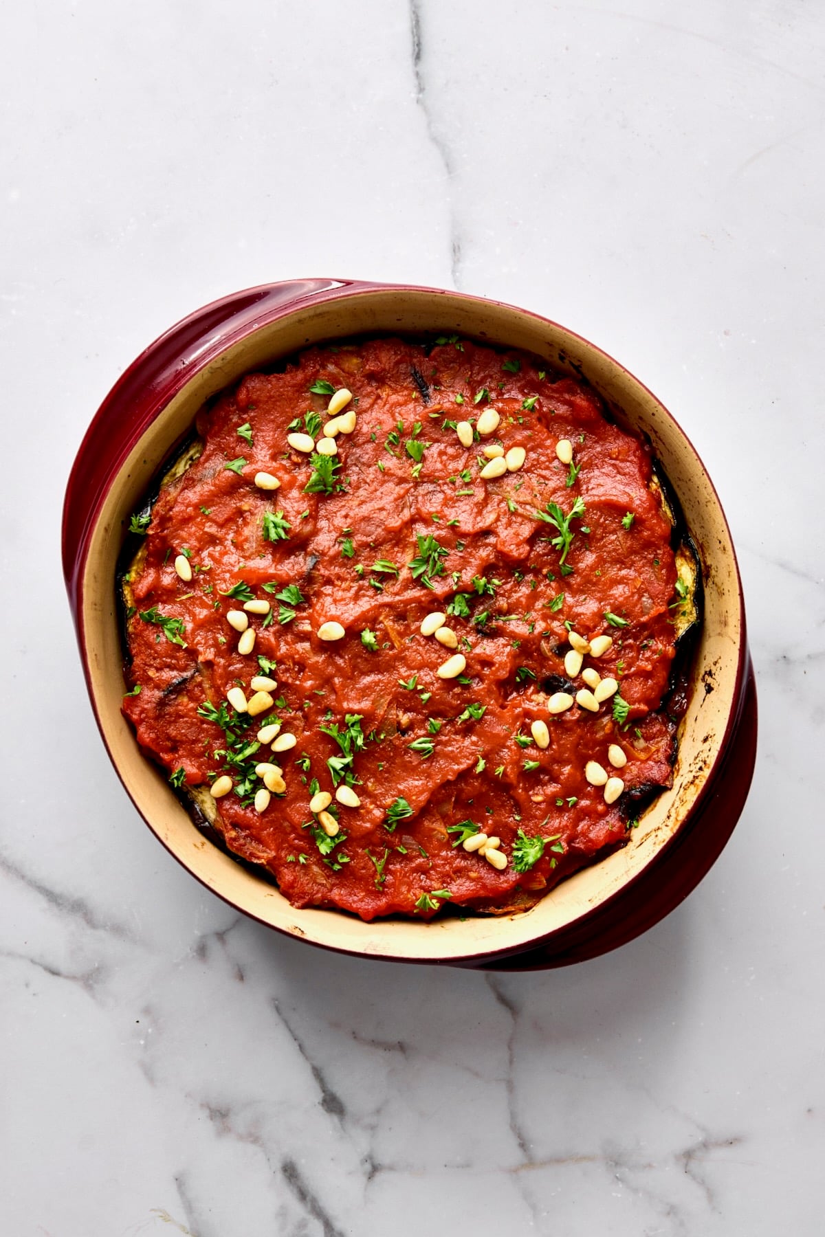 Baked Turkish Eggplant Casserole in round baking dish.