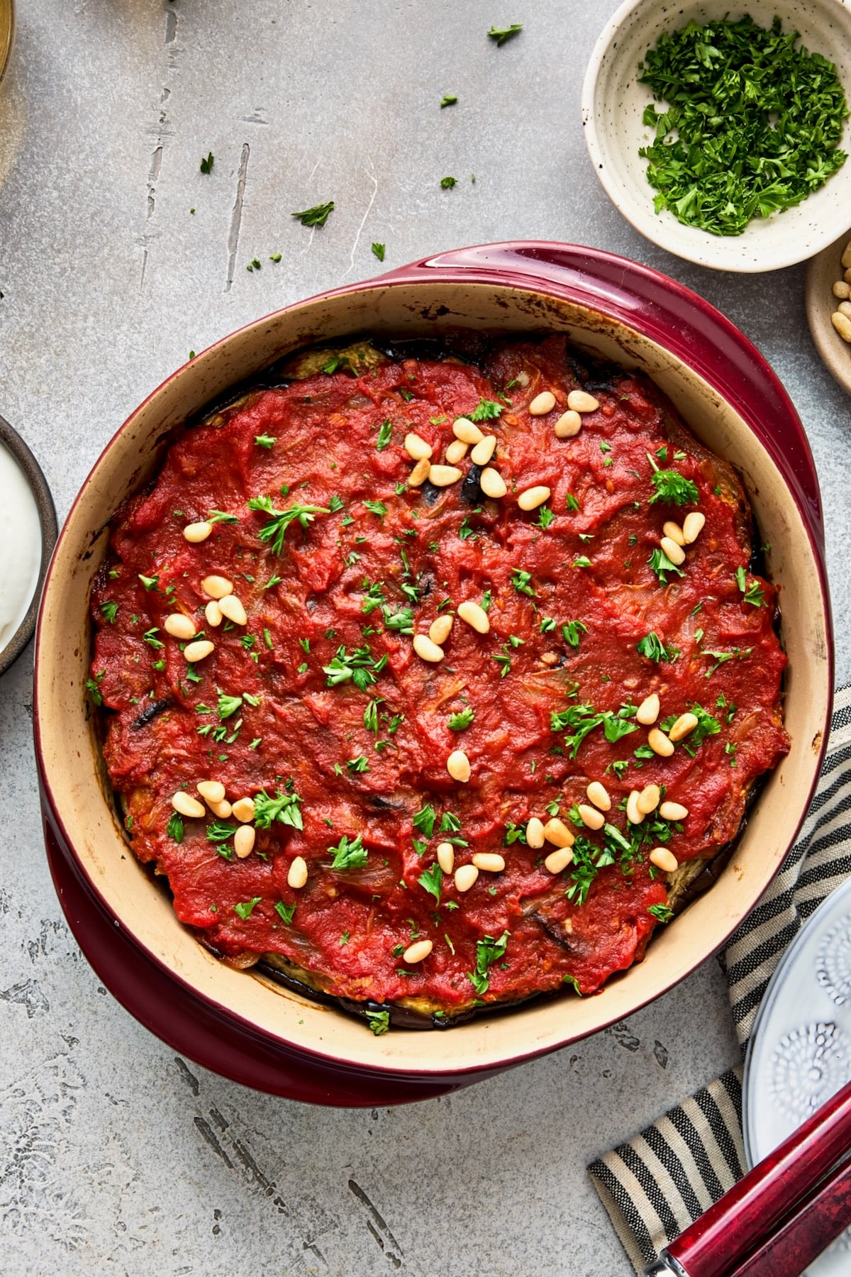 Baked Turkish Eggplant Casserole in round baking dish.
