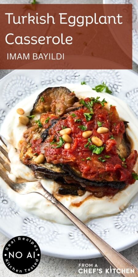 Pinterest graphic for Turkish Eggplant Casserole showing one piece over Greek yogurt on small white plate.