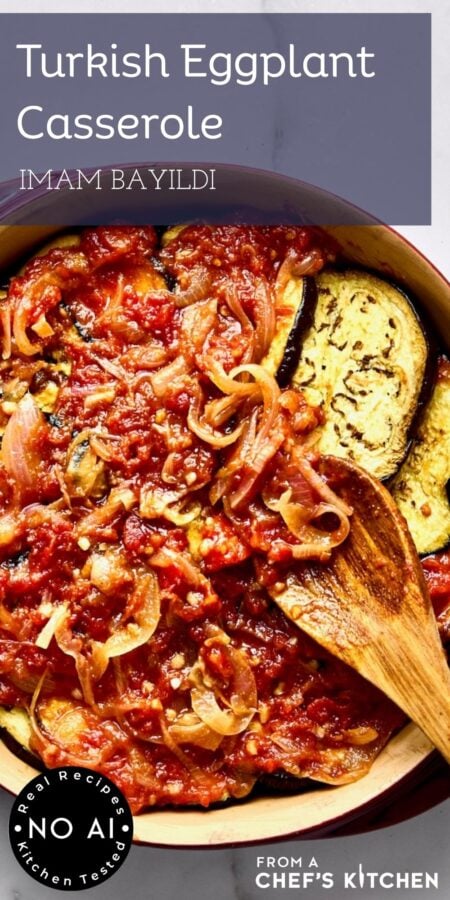 Pinterest graphic for Turkish Eggplant Casserole showing it in an earthenware dish with a wooden spoon.