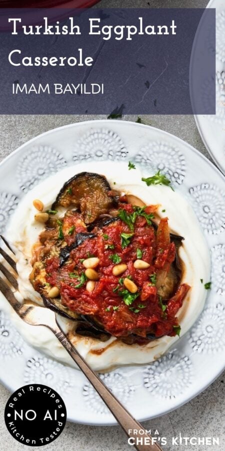 Pinterest graphic for Turkish Eggplant Casserole showing one piece over Greek yogurt on small white plate.