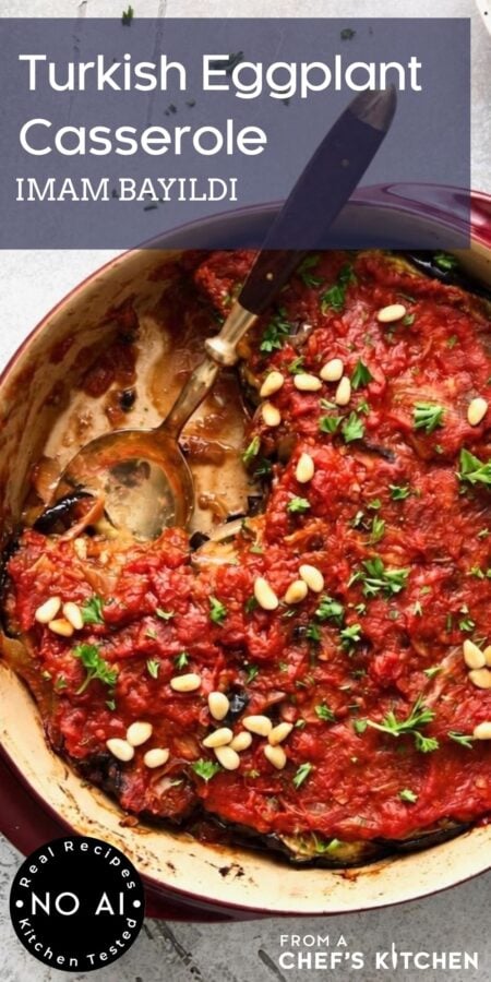 Pinterest graphic for Turkish Eggplant Casserole showing it in a round earthenware baking dish with a piece removed.