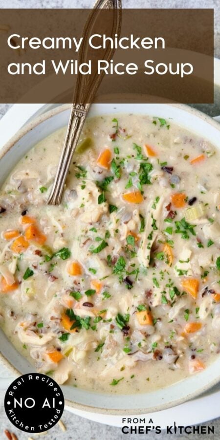 Pinterest graphic for Creamy Chicken and Wild Rice Soup showing one serving in white bowl.