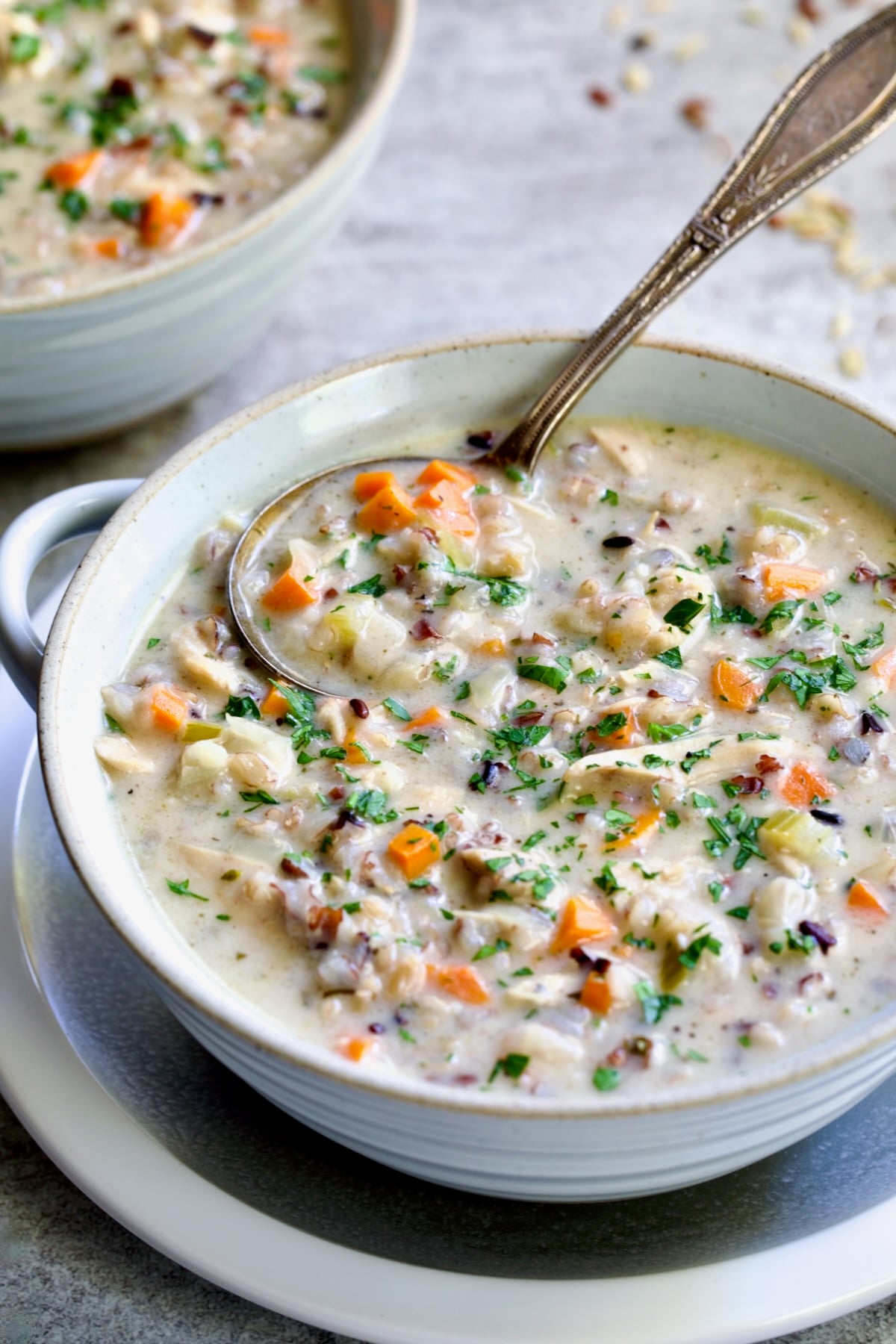 One serving of Creamy Chicken and Wild Rice Soup in white bowl with spoon.
