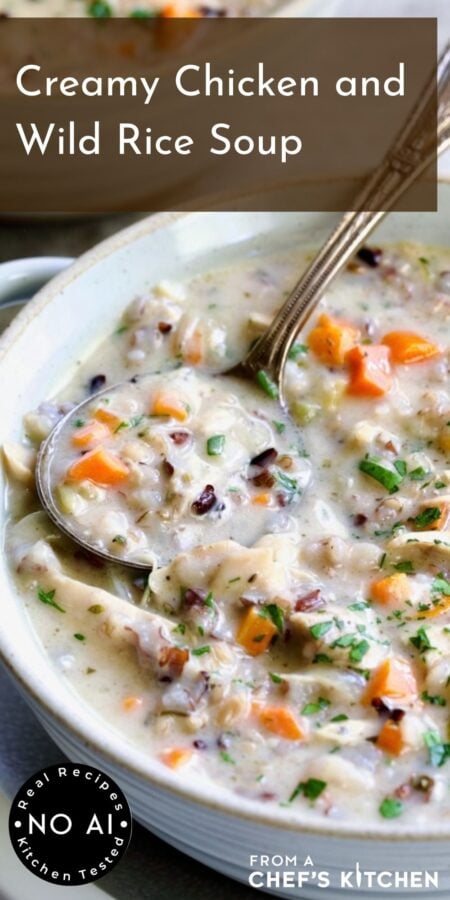 Pinterest graphic for Creamy Chicken and Wild Rice Soup showing one serving in white bowl.