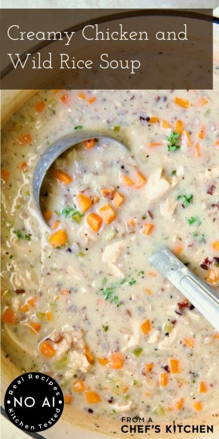 Pinterest graphic for Creamy Chicken and Wild Rice Soup showing it in a Dutch oven with soup ladle.