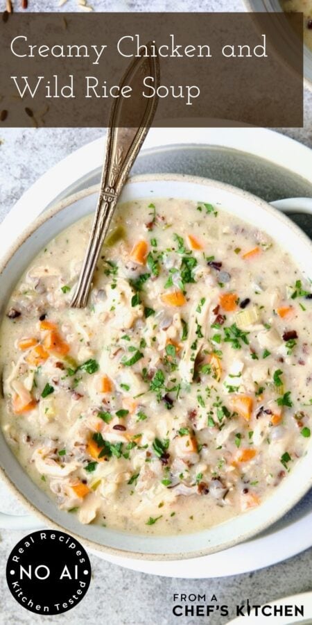 Pinterest graphic for Creamy Chicken and Wild Rice Soup showing one serving in white bowl.