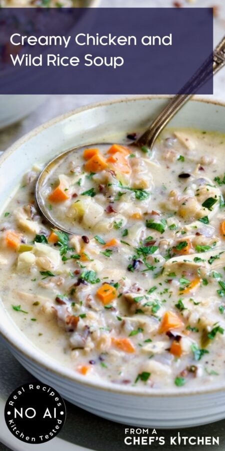 Pinterest graphic for Creamy Chicken and Wild Rice Soup showing one serving in white bowl.