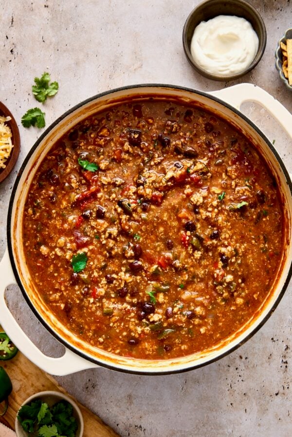 Ground Turkey Chili in white enamel Dutch oven.