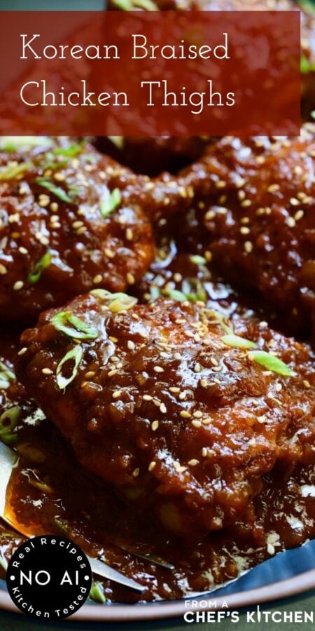 Pinterest graphic for Korean Braised Chicken Thighs showing them on an oval black platter.