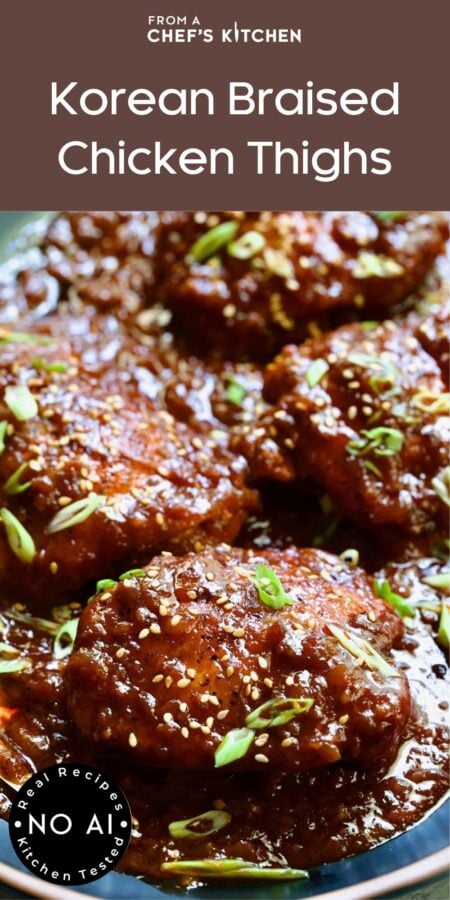 Pinterest graphic for Korean Braised Chicken Thighs showing them on an oval black platter.